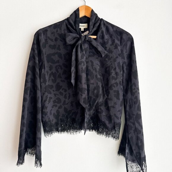 L'Agence Black Silk Animal Print Neck Bow Lace Trim Blouse XS